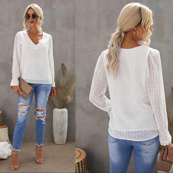 White Dot V - Necked Long Sleeve Blouse - Picture 2 of 5